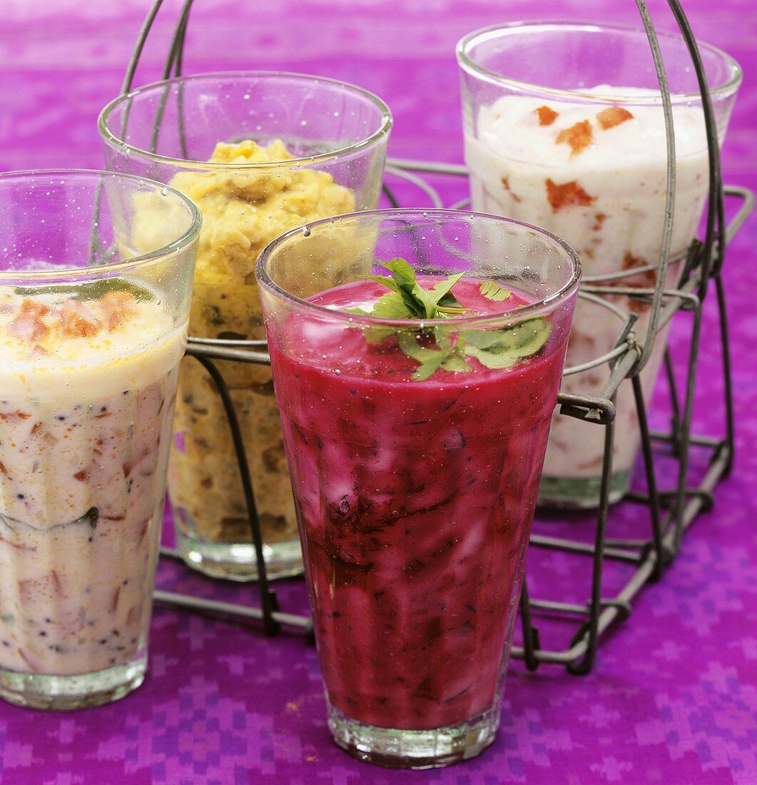 Indian yoghurt dips: with beetroot, peppers, aubergine, tomato