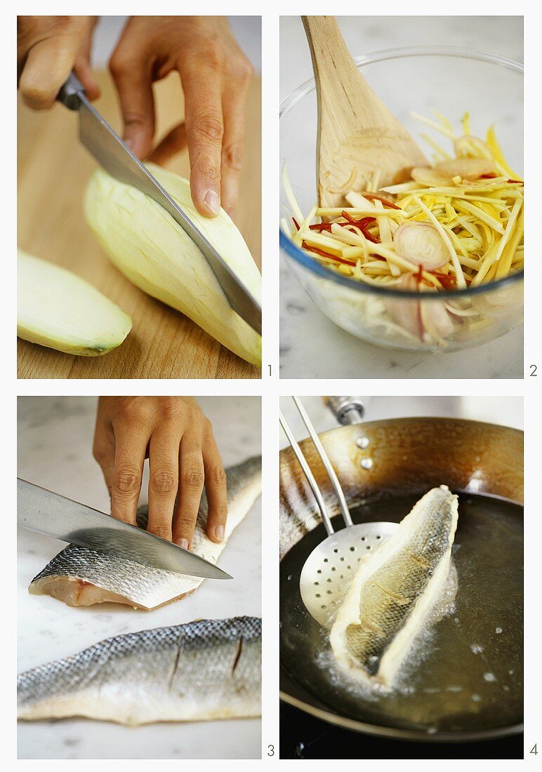 Preparing fried fish with mango salad (Thailand)