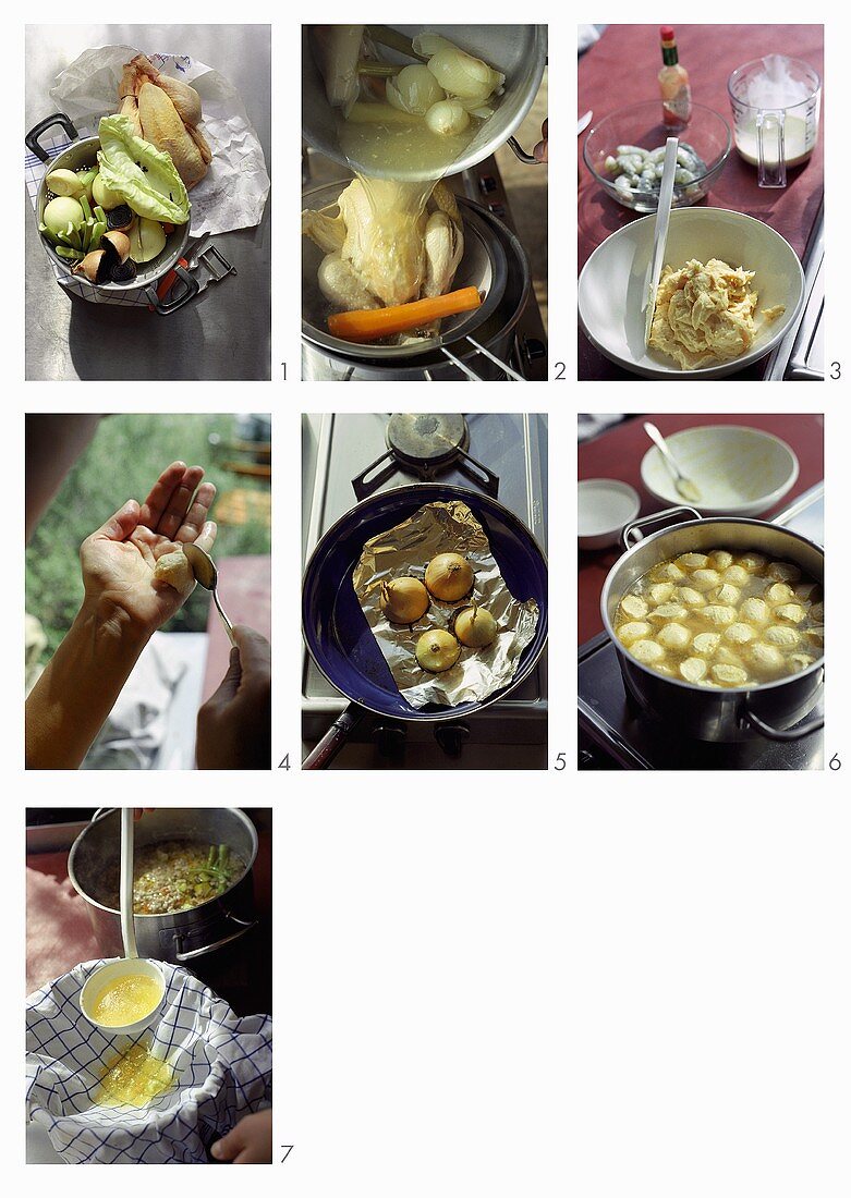 Hühnerkraftbrühe mit Gemüse, Hühnchen- und Garnelenklösschen zubereiten