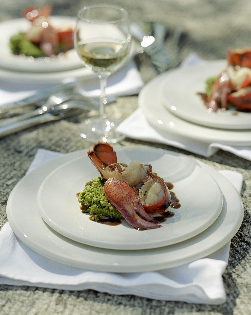 Roasted lobster with pea puree