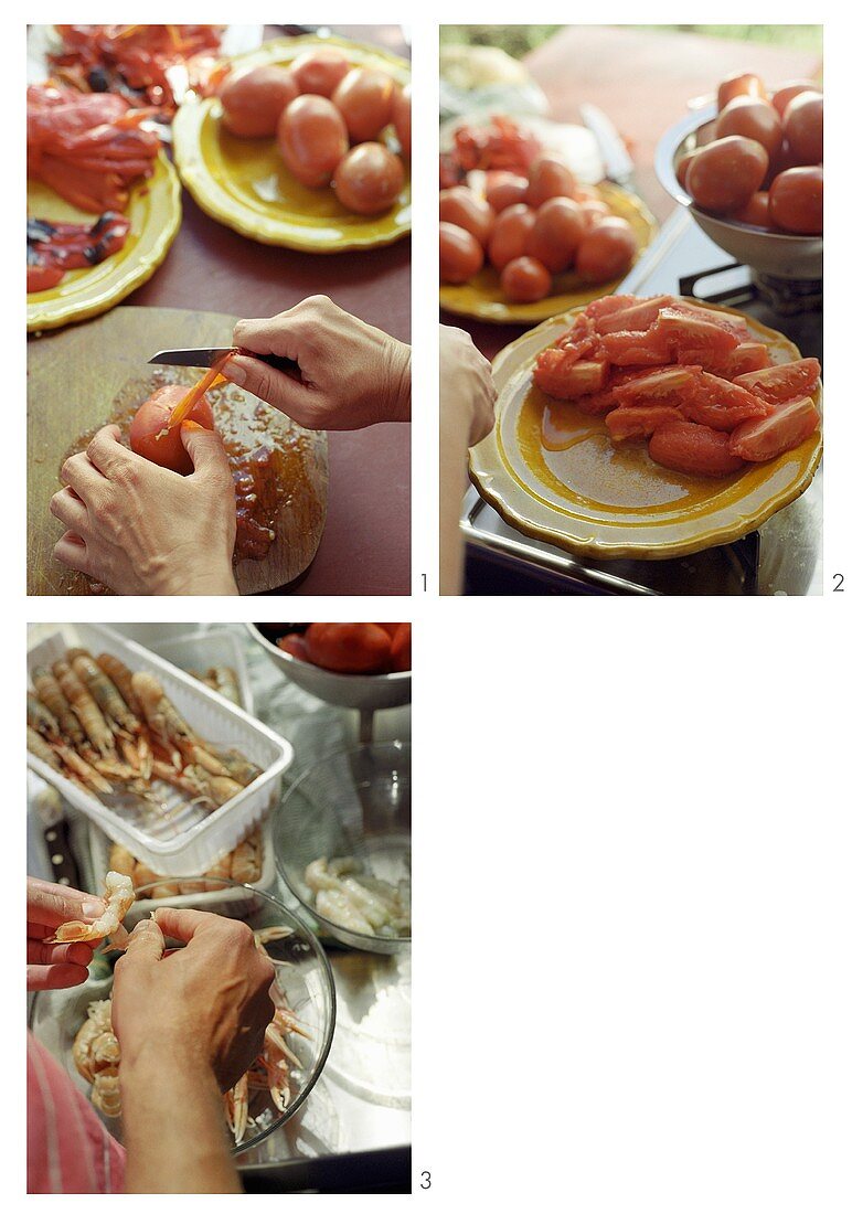 Preparing tomatoes and langoustines for terrine