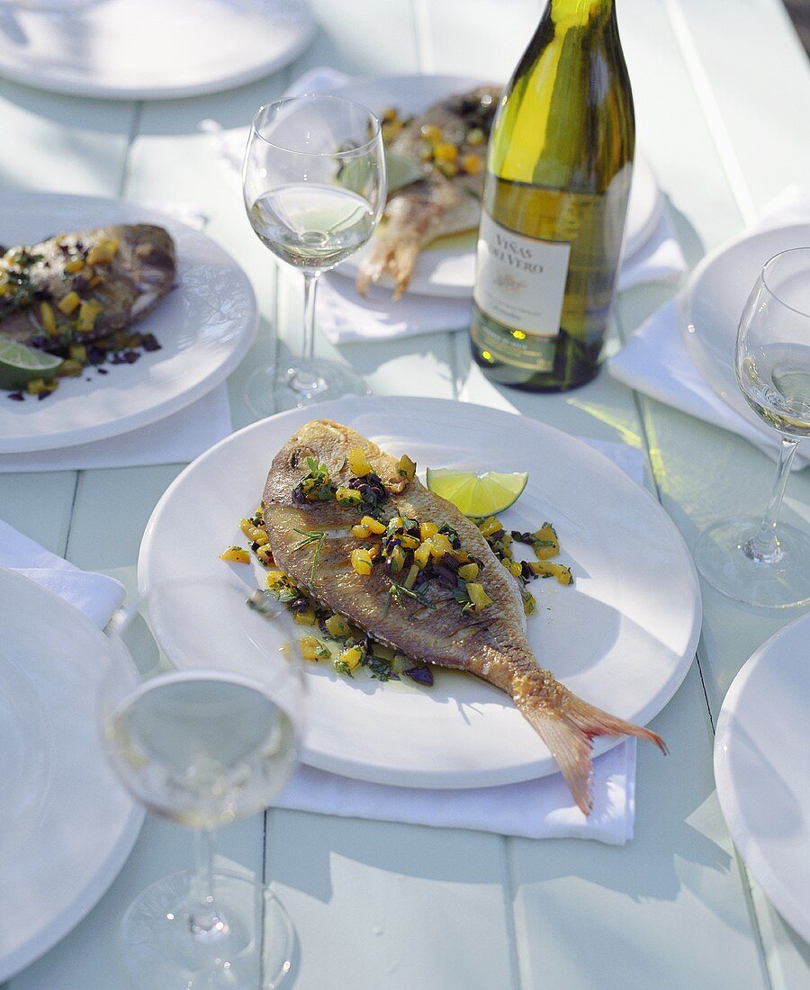 Fried sea bream with olive and pepper tapenade