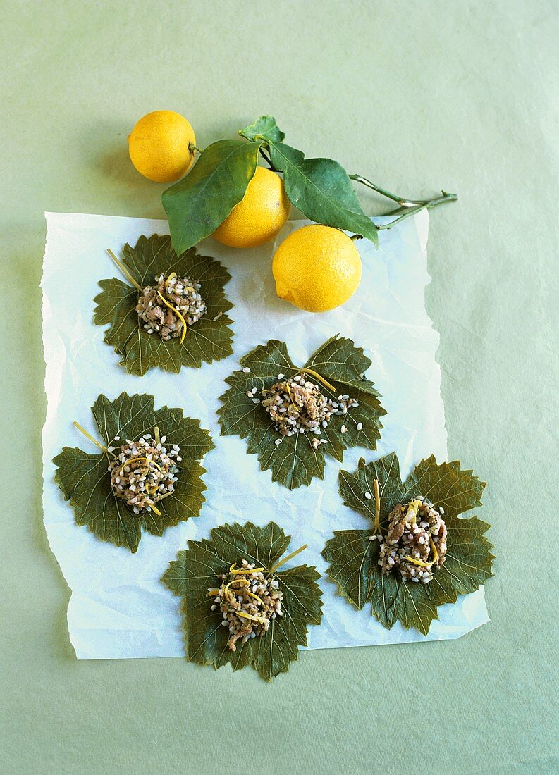 Vine leaves with mince and rice stuffing, lemons