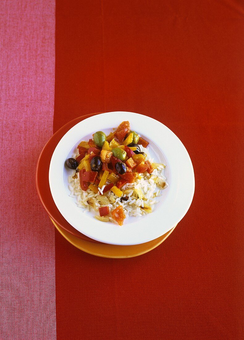 Peppers and olives on rice
