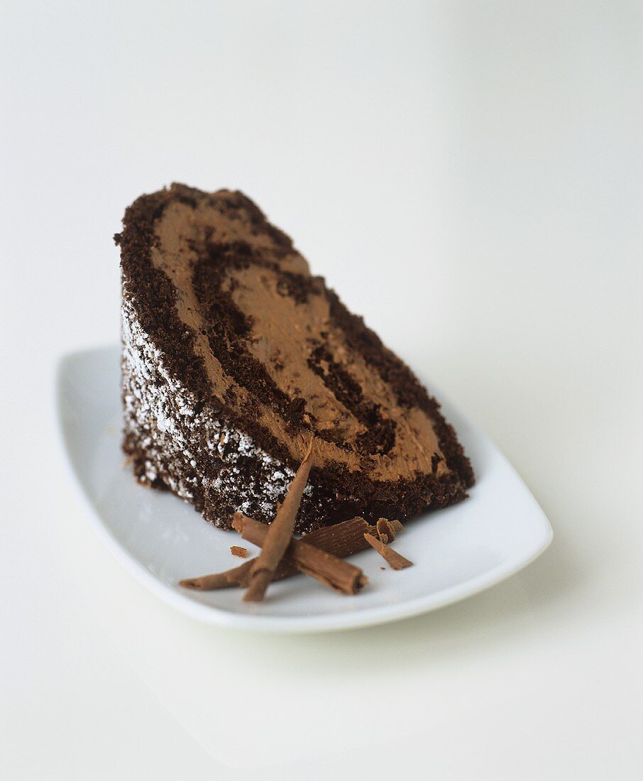 A piece of sponge roll with chocolate fudge filling