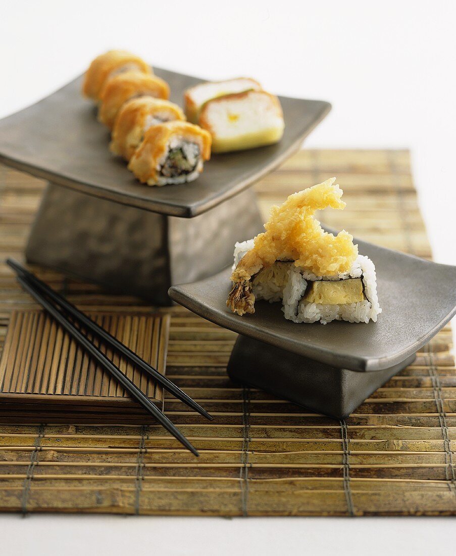 Inside-out rolls and prawn tempura