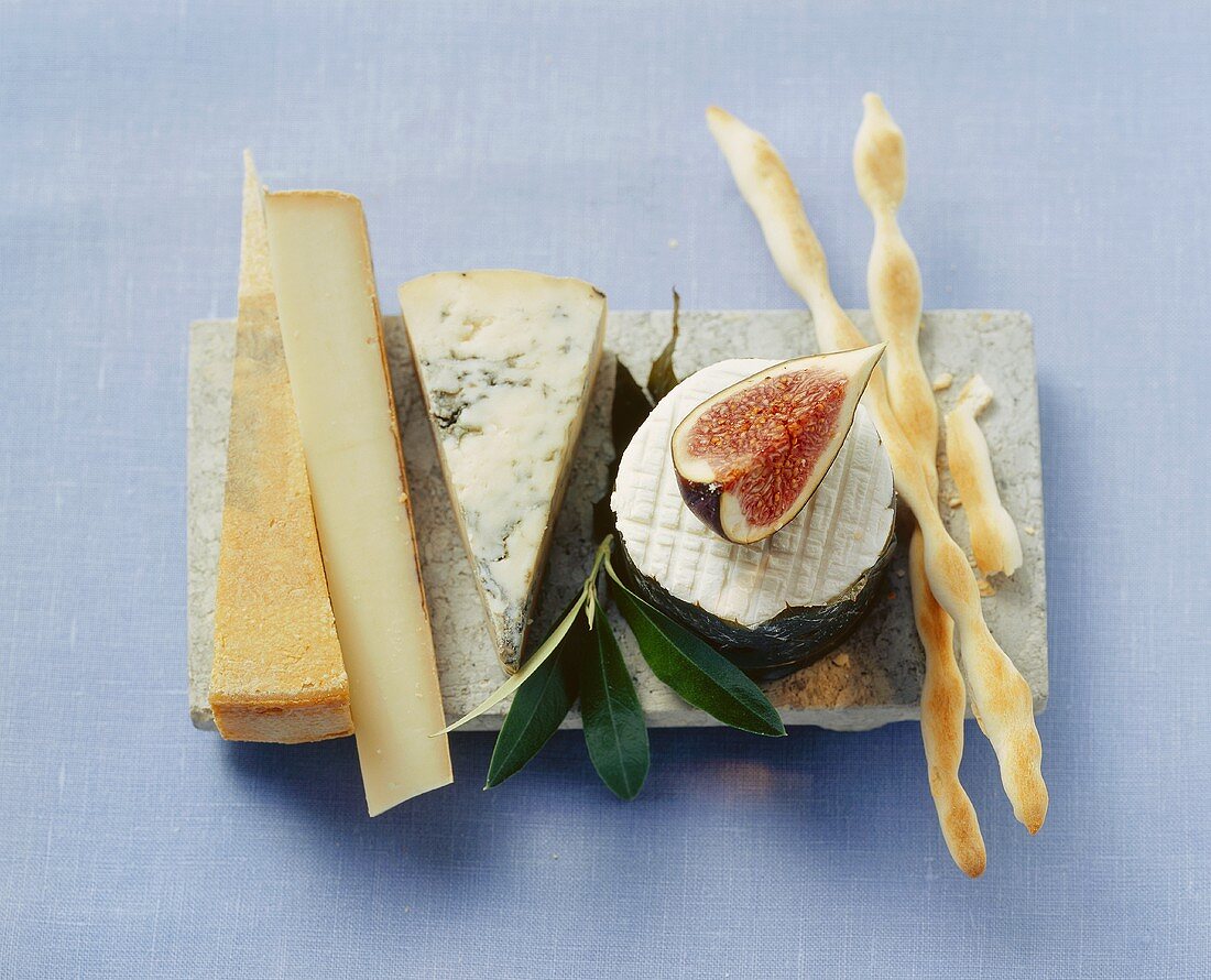 Still life with cheese, fig and grissini