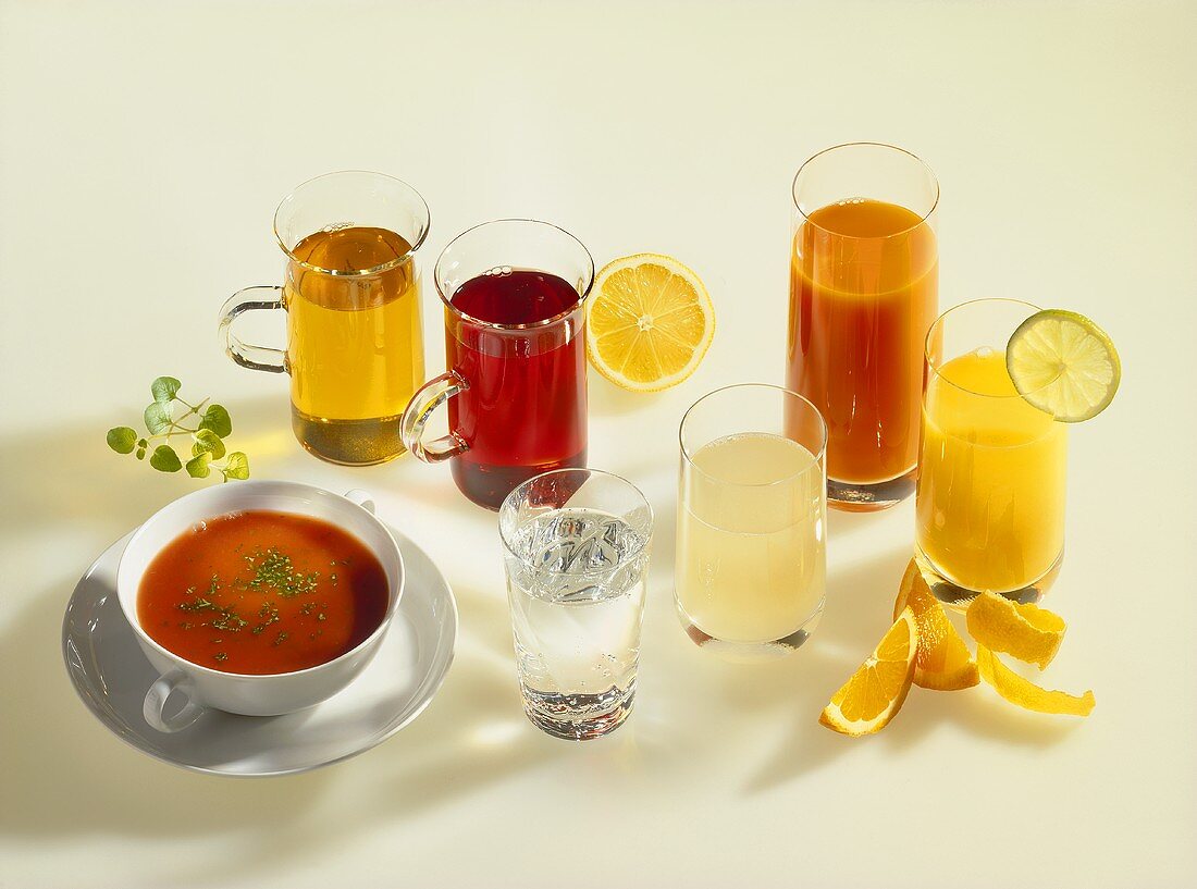 Tomato soup, mineral water and various juices