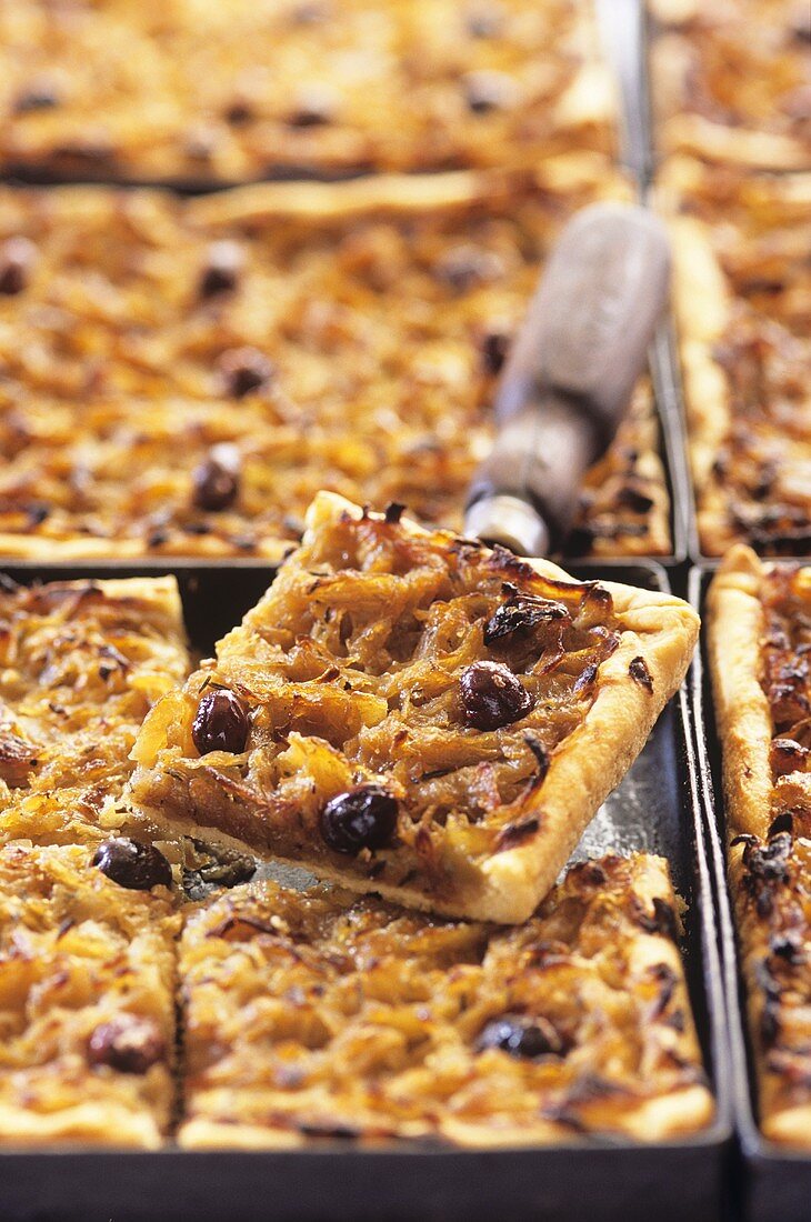 Pissaladiere (onion tart with anchovy fillets and olives, France)