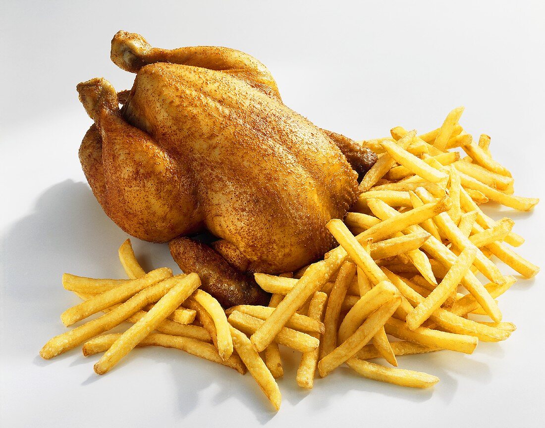 Brathähnchen mit Pommes frites