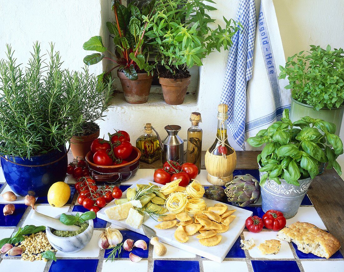 Italian still life with pasta and herbs