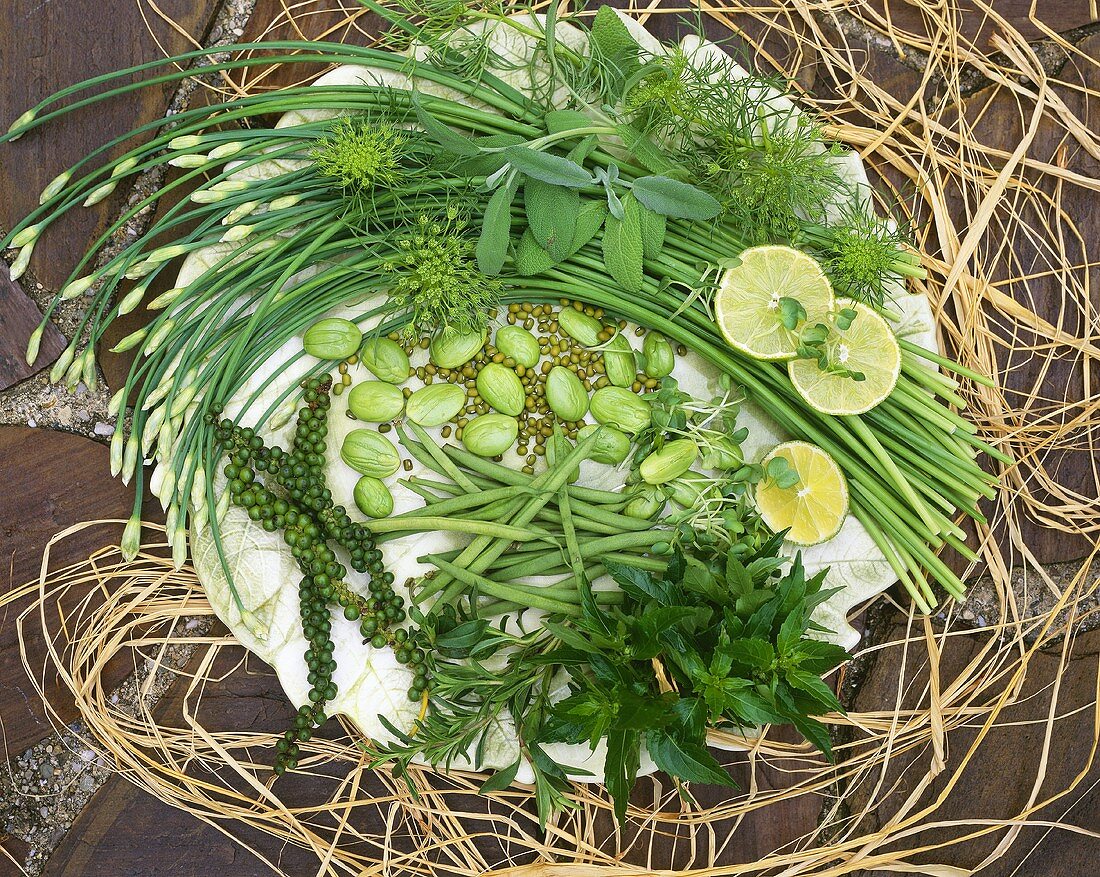 A plate with various herbs