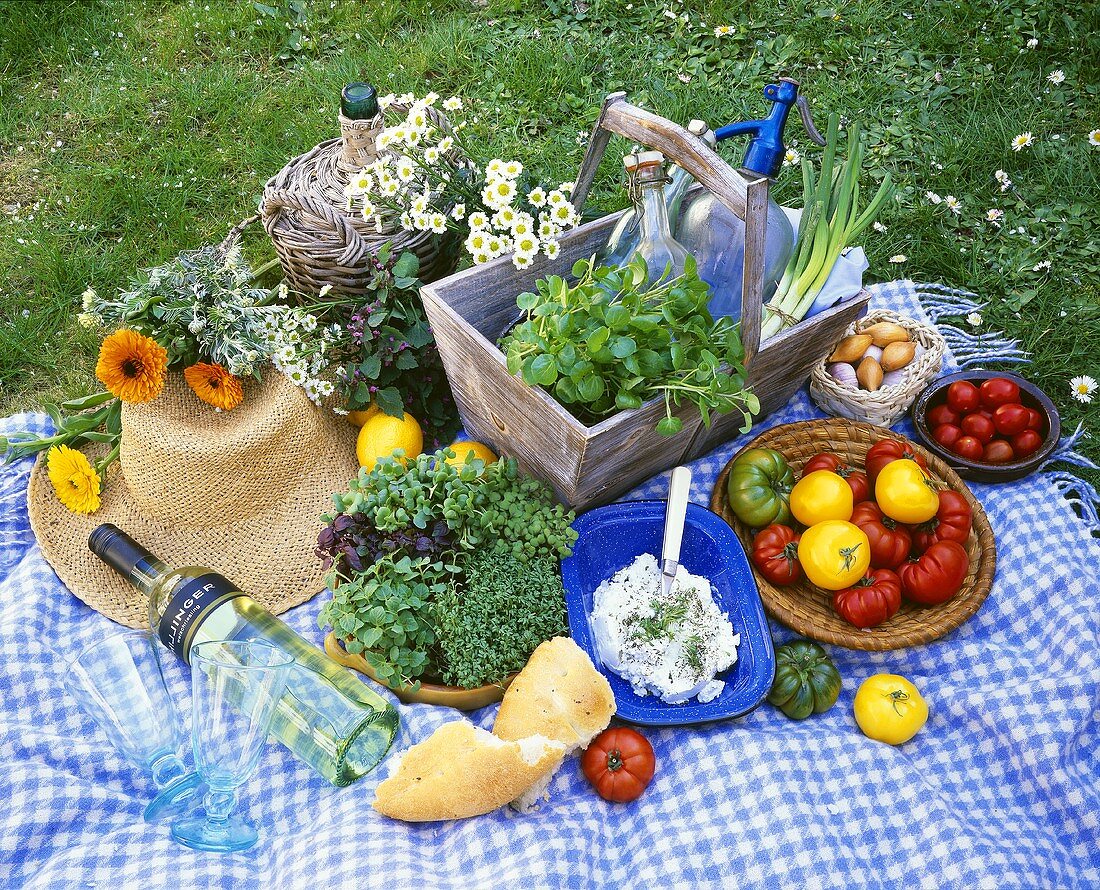 Picknick mit Kräutern und Tomaten