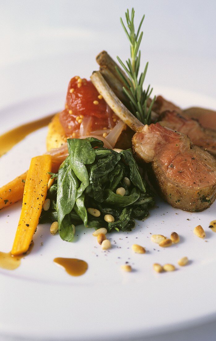 Saddle of lamb with vegetable chutney and pine nuts