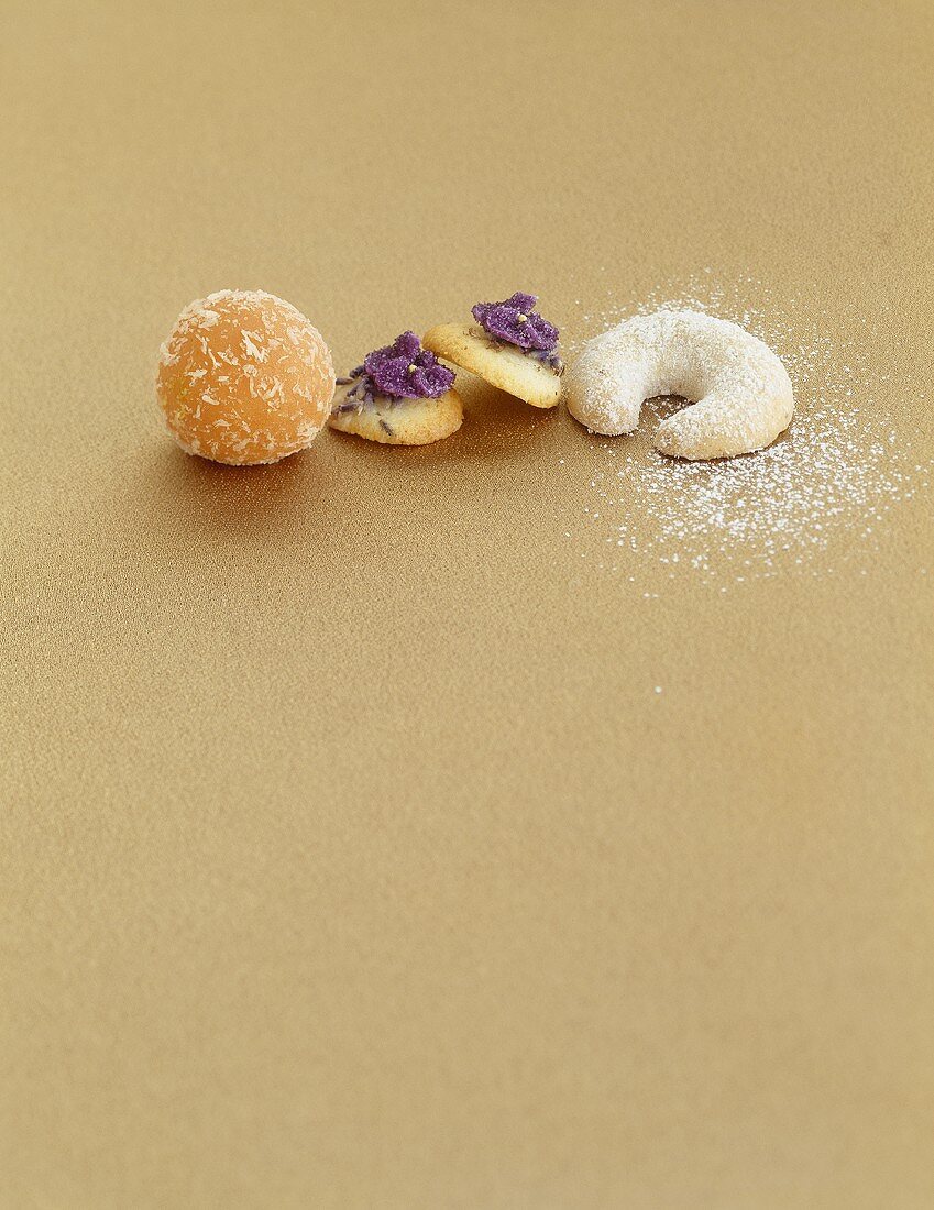 Vanilla biscuits, lavender biscuits and orange-marzipan confectionary