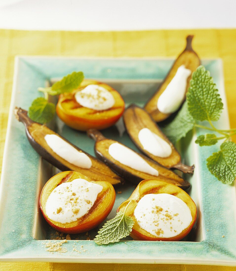 Grilled nectarines and bananas with creme fraiche