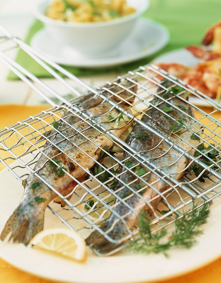 Grilled trout with herbs in a fish basket