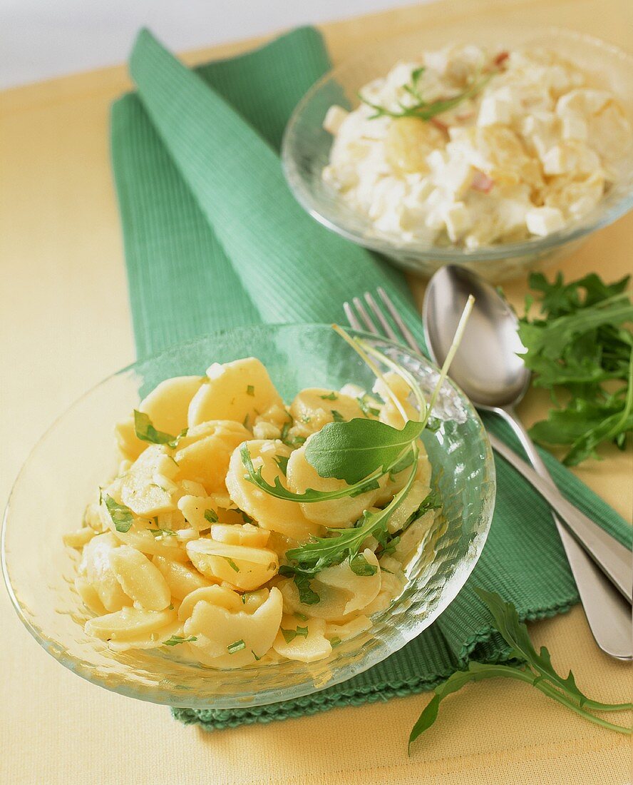 Classic potato salad and potato salad with apples and celery