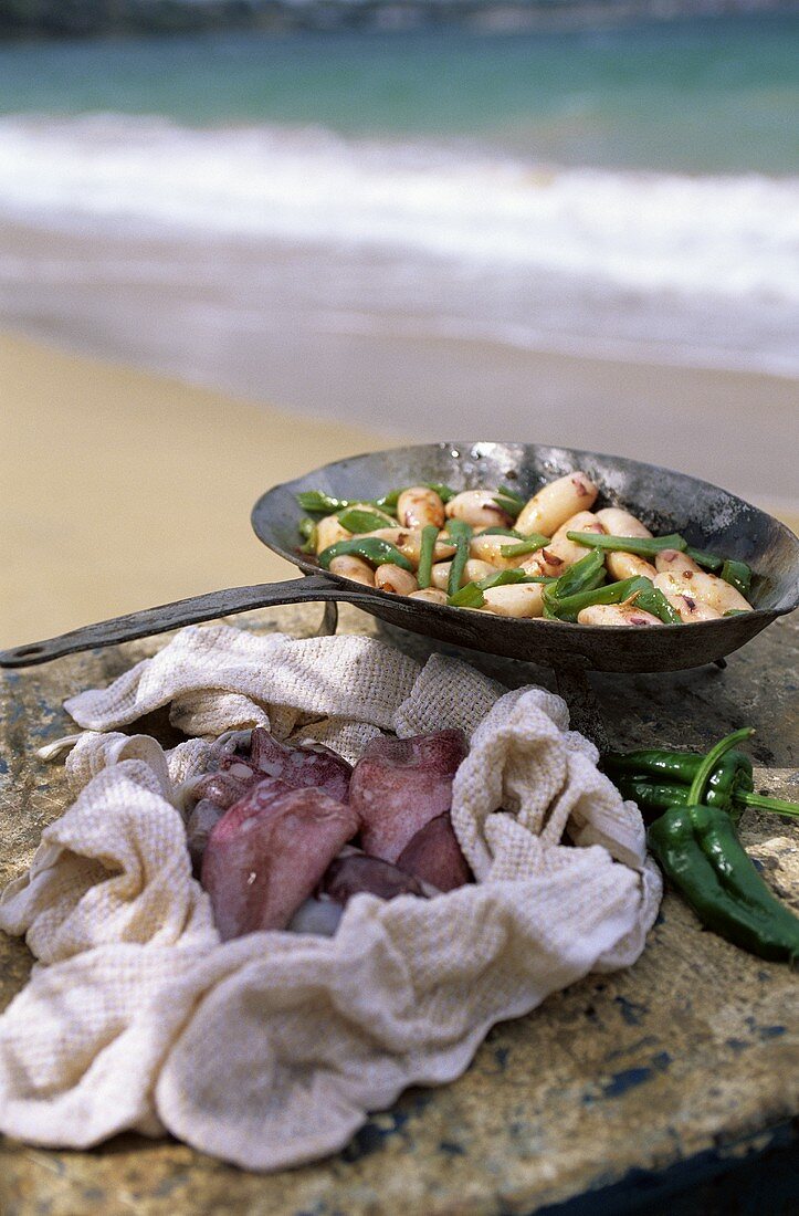 Fresh calamari in a towel and a pan on the beach