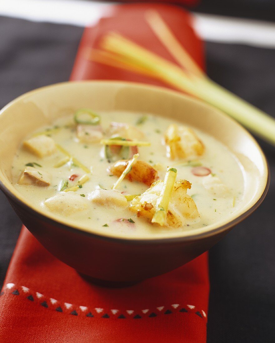 Coconut milk soup with fish and seafood