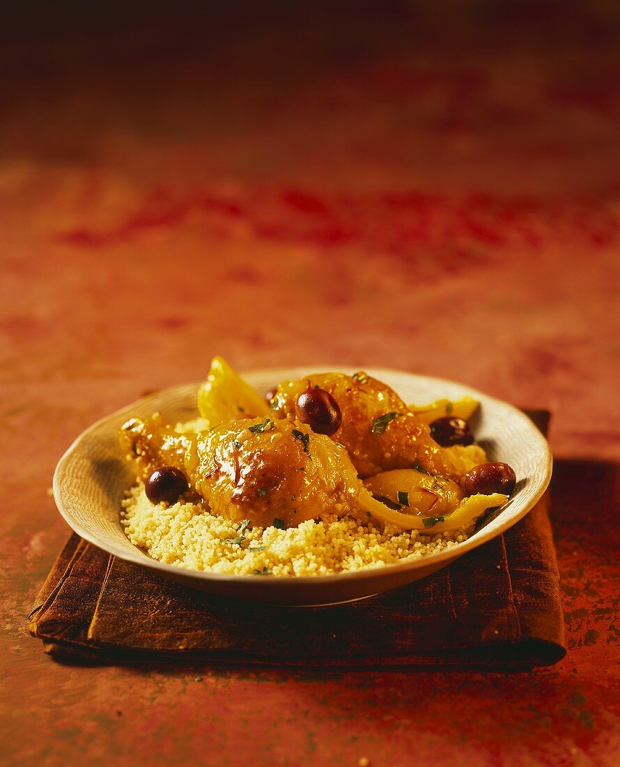 Chicken tajine with salted lemons on a bed of couscous