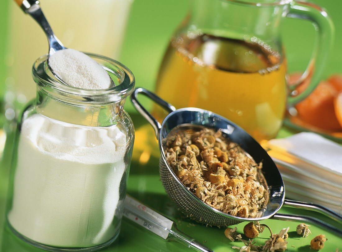 Whey powder and dried camomile flowers