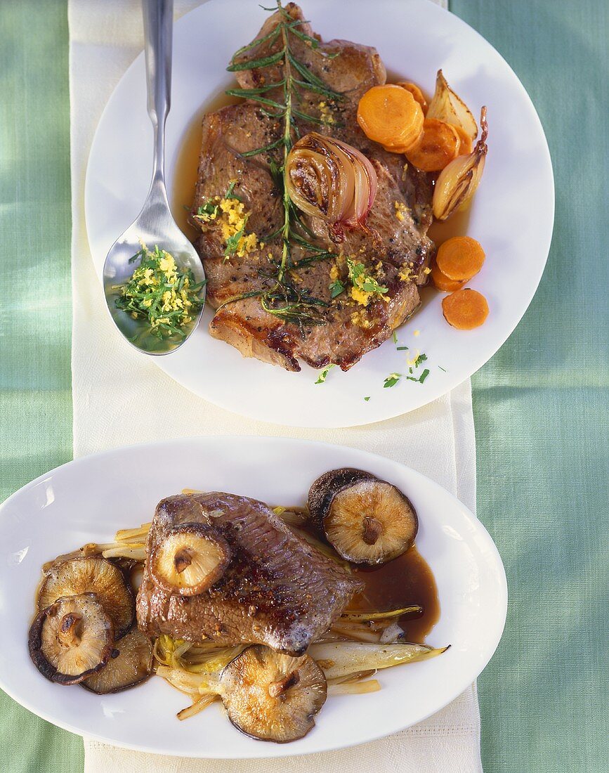 Lammscheiben mit Möhren und Straussensteak mit Shiitake