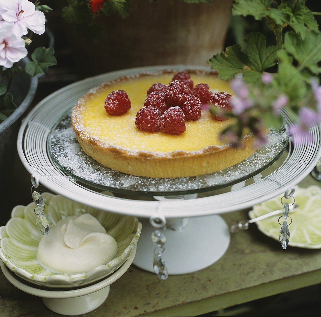 Vanilla tart with fresh raspberries