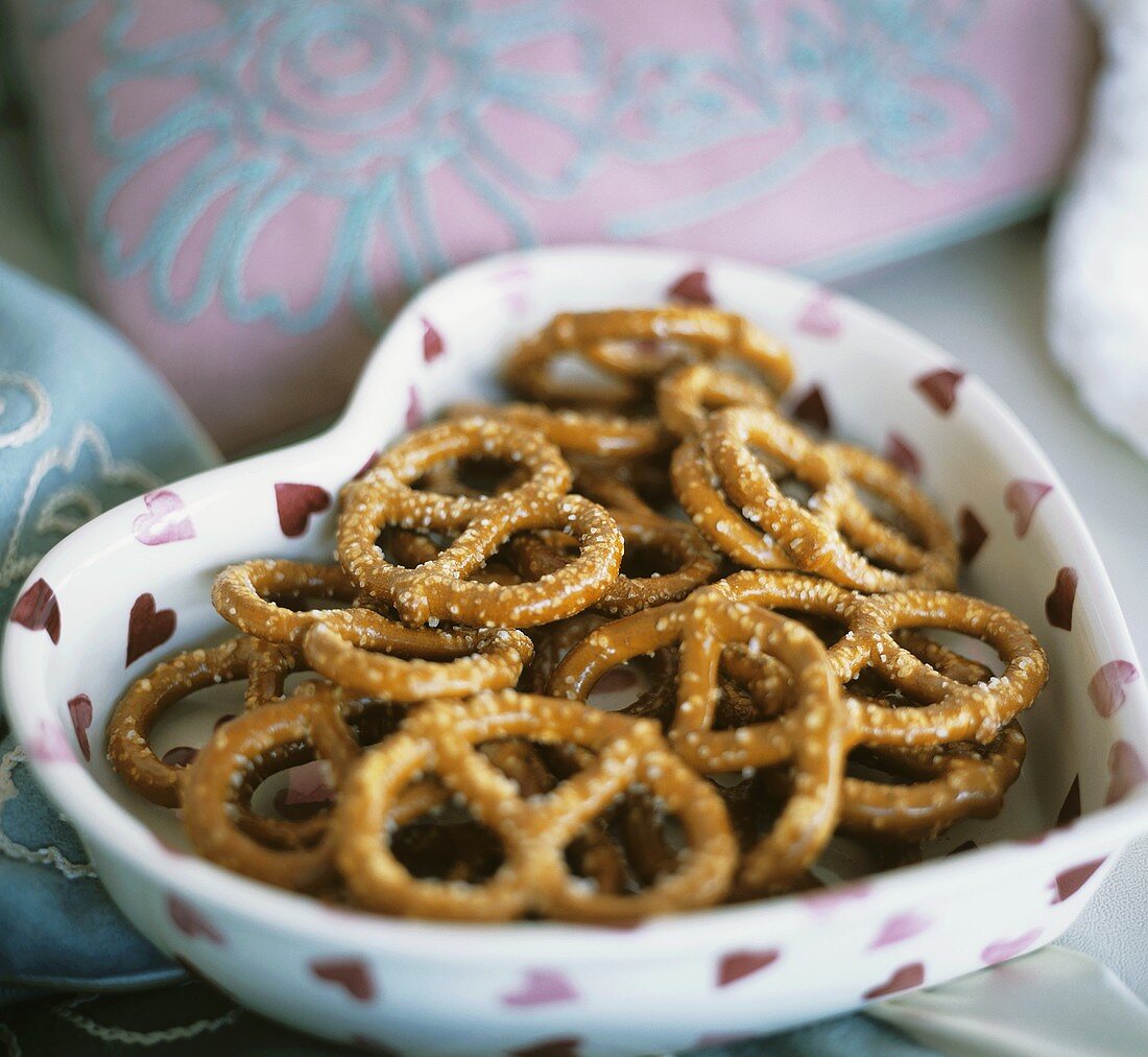 Mini pretzels in a heart shaped dish