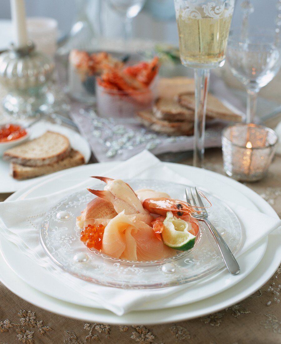 A plate of seafood with lemon mayonnaise