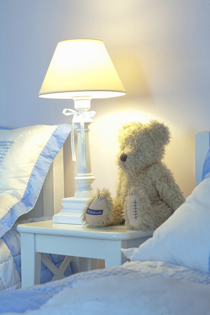 A teddy bear in a bedroom