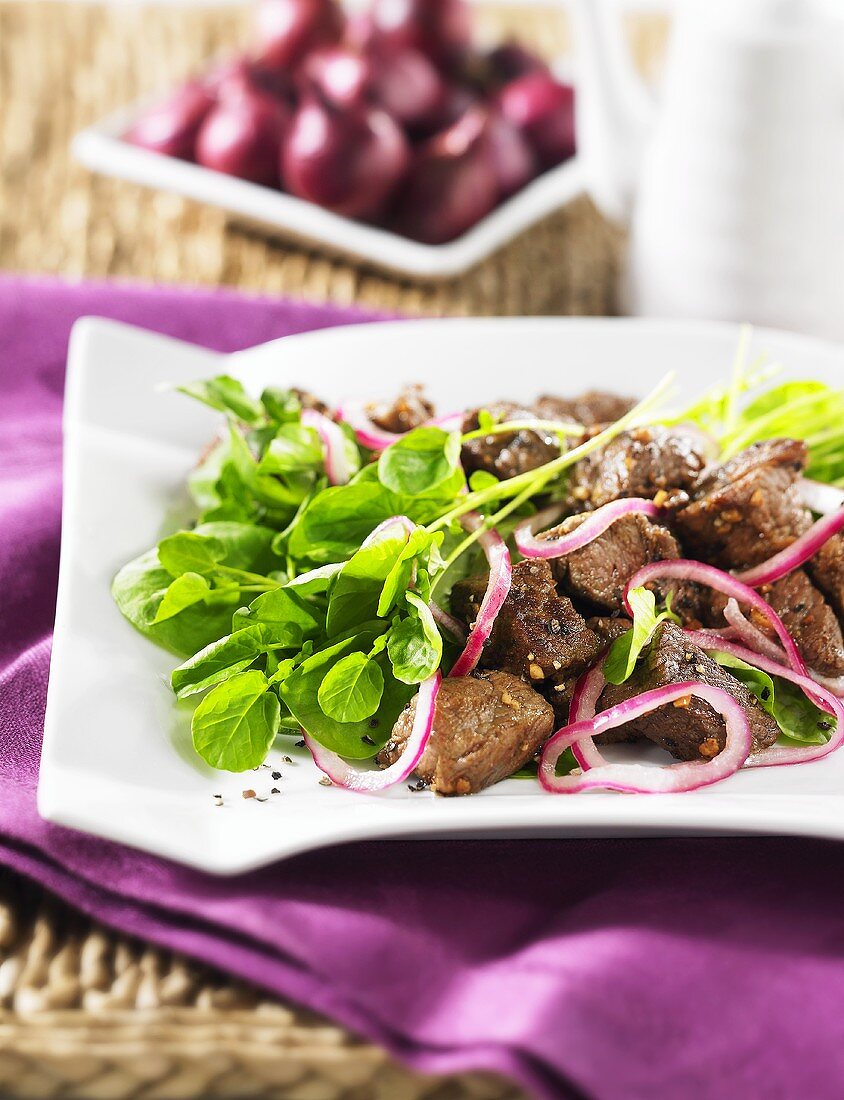 Beef with water cress and red onions