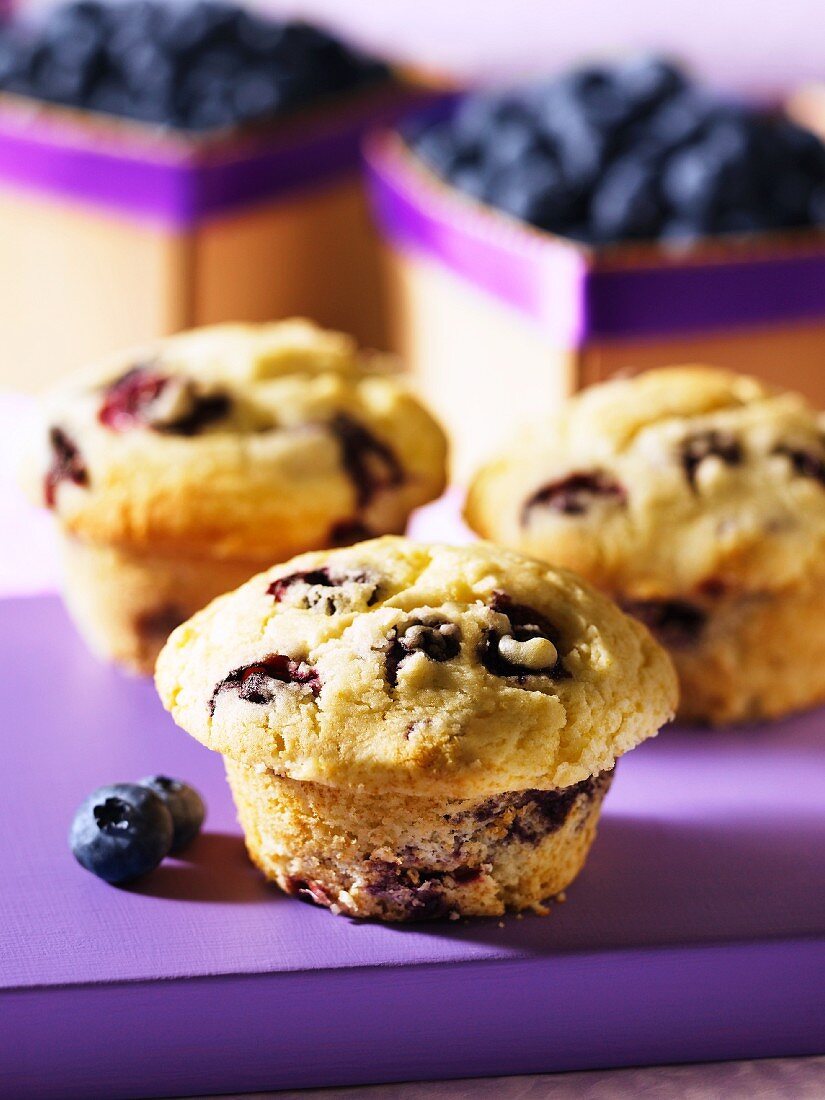 Heidelbeermuffins und frische Heidelbeeren