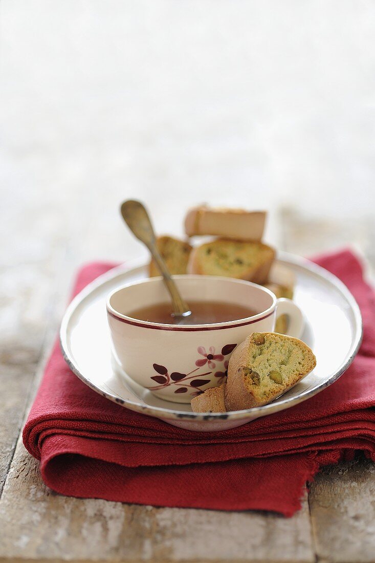 Pistachio biscuits and a cup of tea