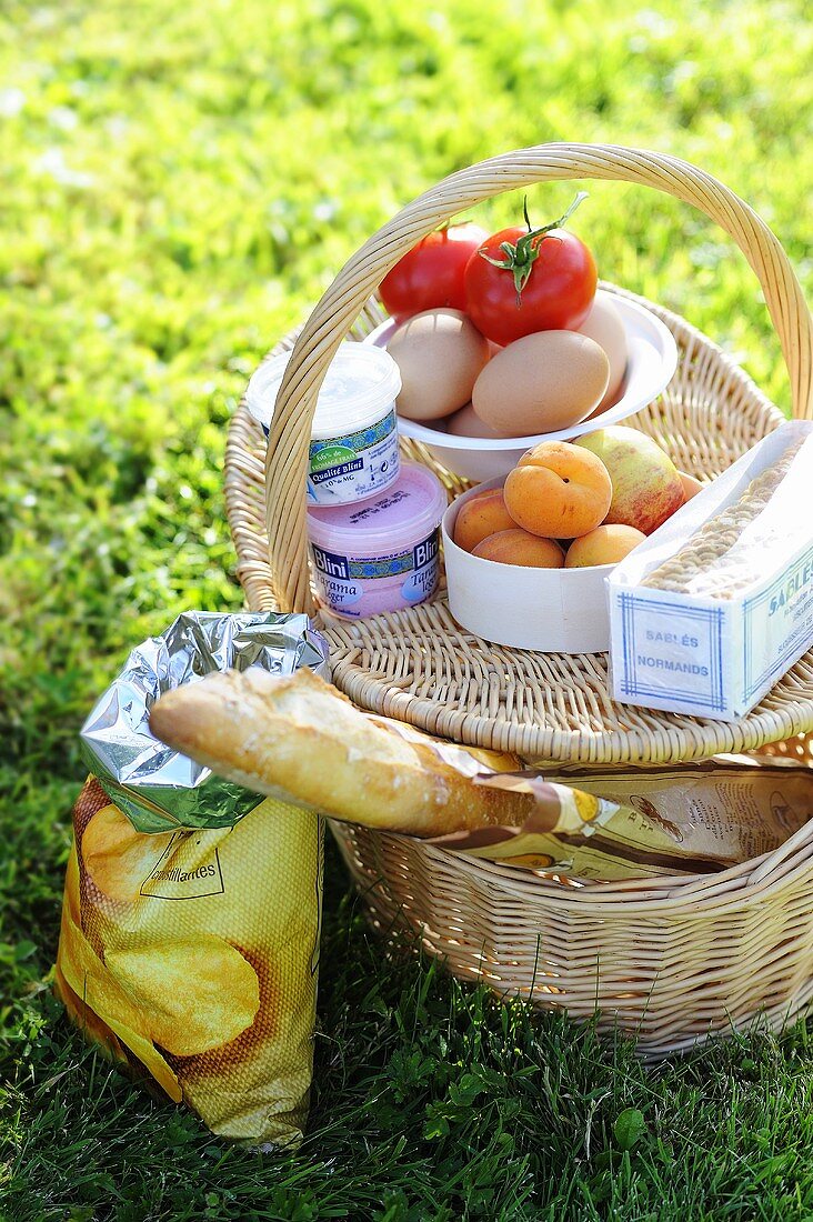 Picknickkorb mit Obst, Eier, Frischkäse, Baguette, etc.