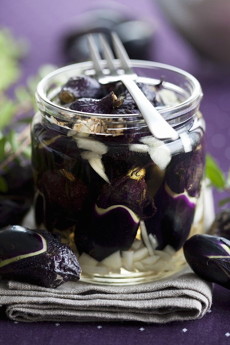 Pickled aubergines and onions