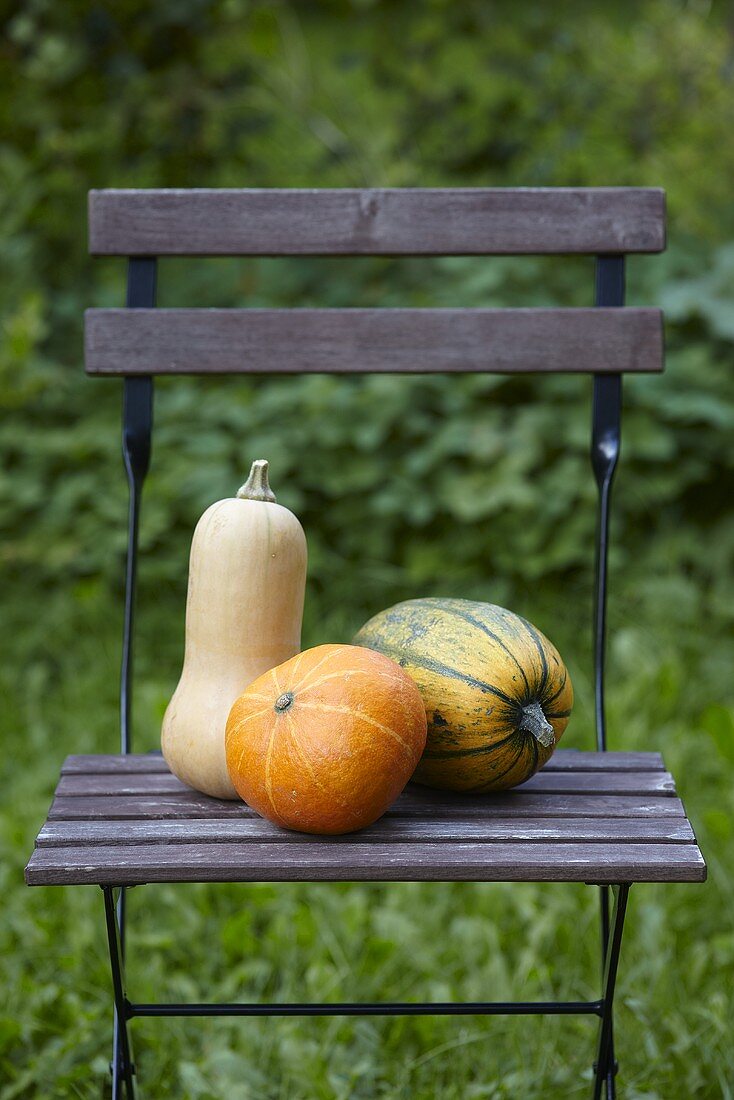 Drei Kürbisse auf Gartenstuhl