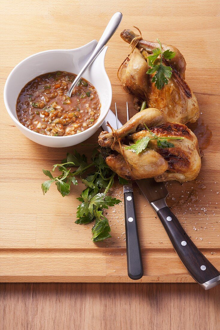 Linsensauce mit gebratenem Stubenküken