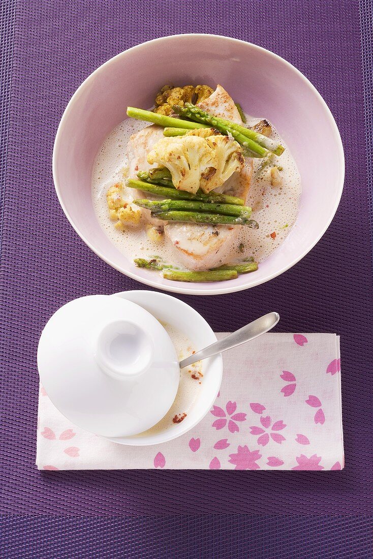 Sword fish with Thai asparagus and cauliflower in ginger sauce