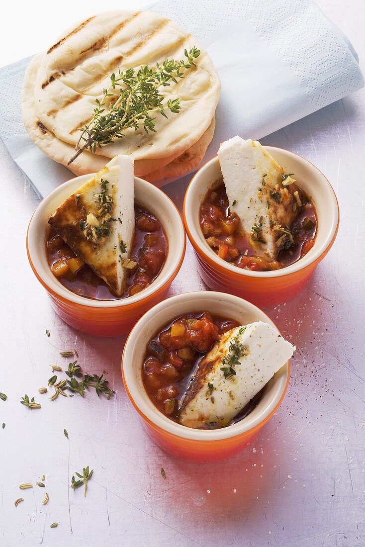 Ratatouille sauce with grilled Manouri cheese and unleavened bread