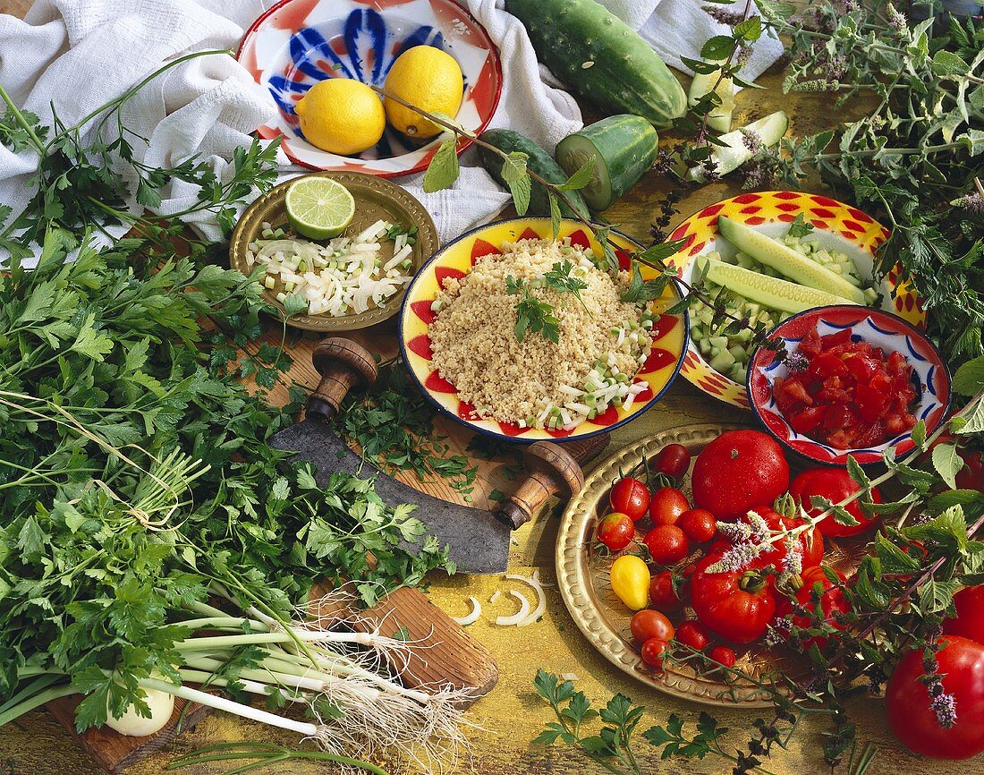 Tabbouleh and ingredients