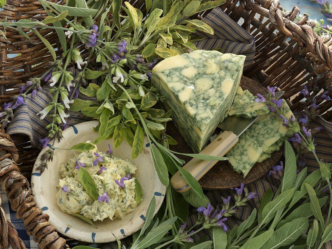 Various types of sage, sage butter and sage cheese