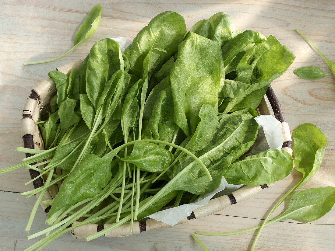 Spinach leaves in a basket