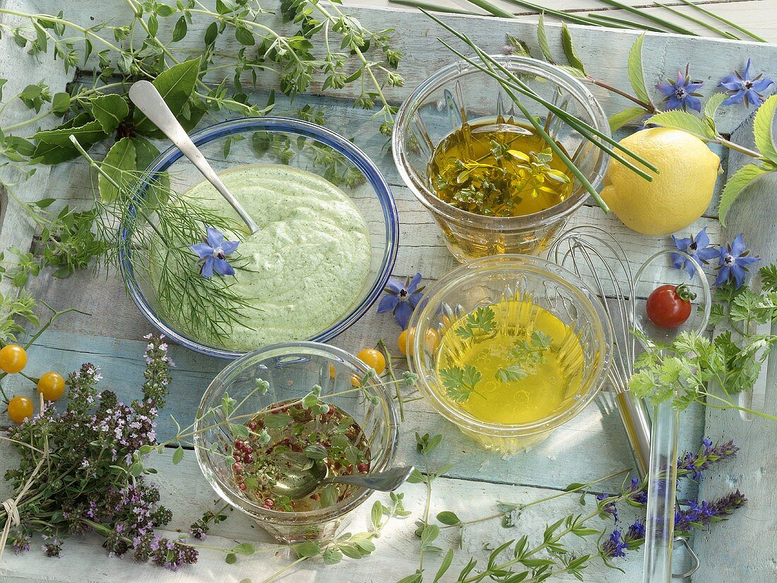 Three different vinaigrettes and a yogurt and dill dressing
