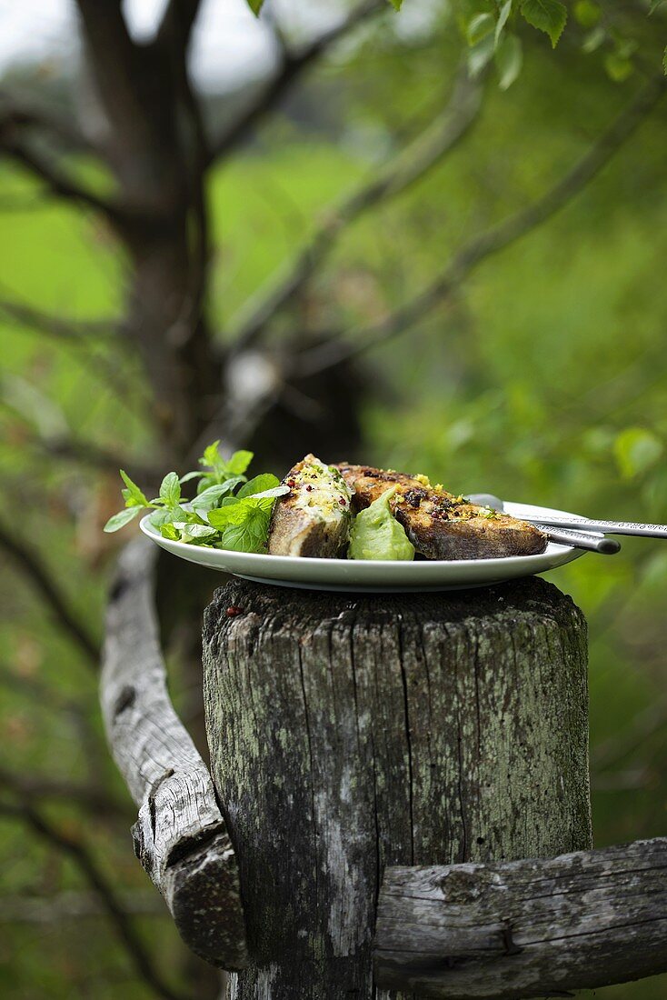 Grilled halibut with bean paste