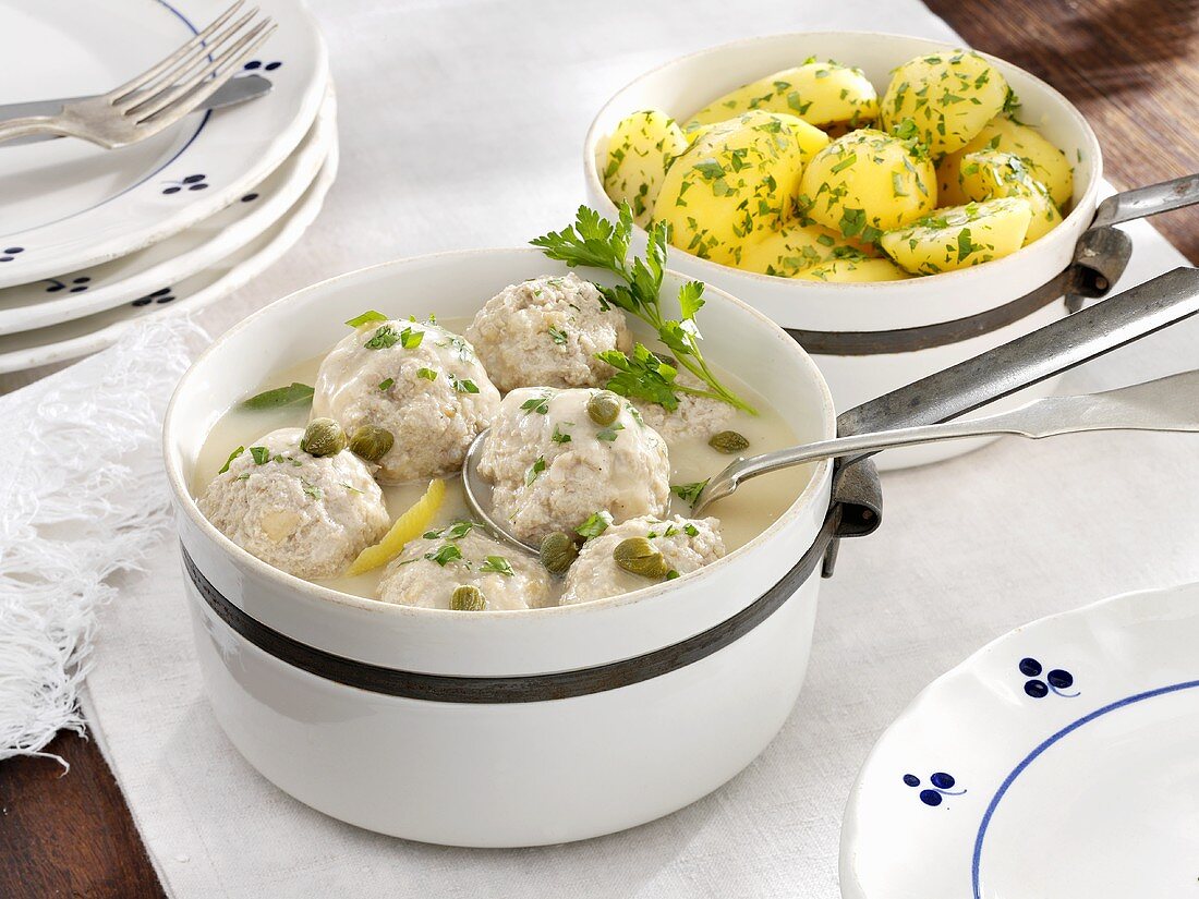 Königsberger Klopse (meatballs in a white sauce with capers) with parsley potatoes