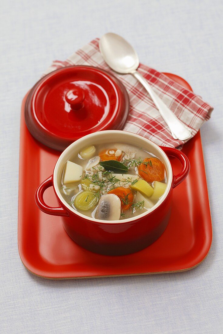 Barley soup with vegetables and mushrooms