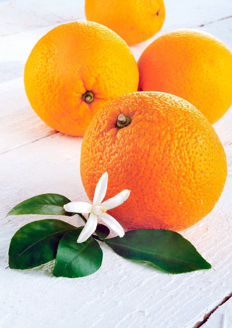 Oranges with flowers and leaves