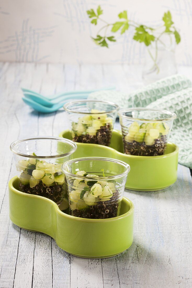 Black quinoa salad with gherkin balls