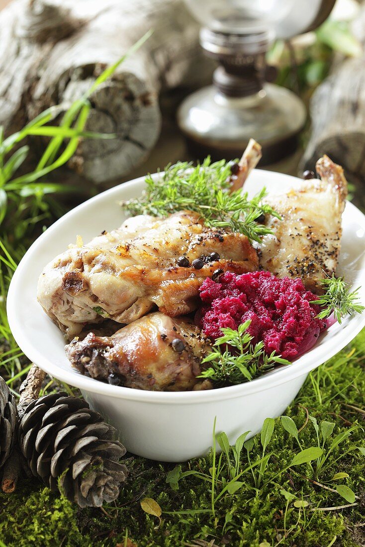 Oven-roasted rabbit with beetroot puree